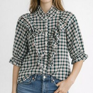 The Shirt Rochelle Behrens Ruffle Blouse XS  Gingham Puff Sleeve Cottagecore